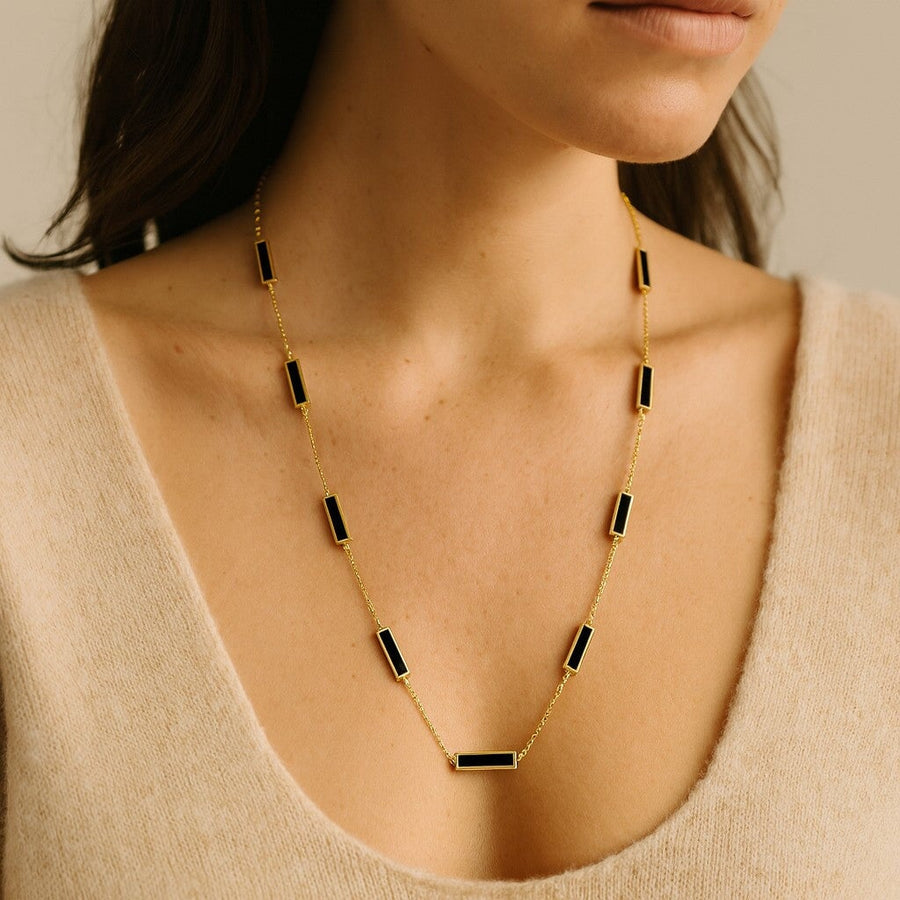 10KT Gold Bars By The Yard Necklace Necklace Bijoux Signé Luxo Black 