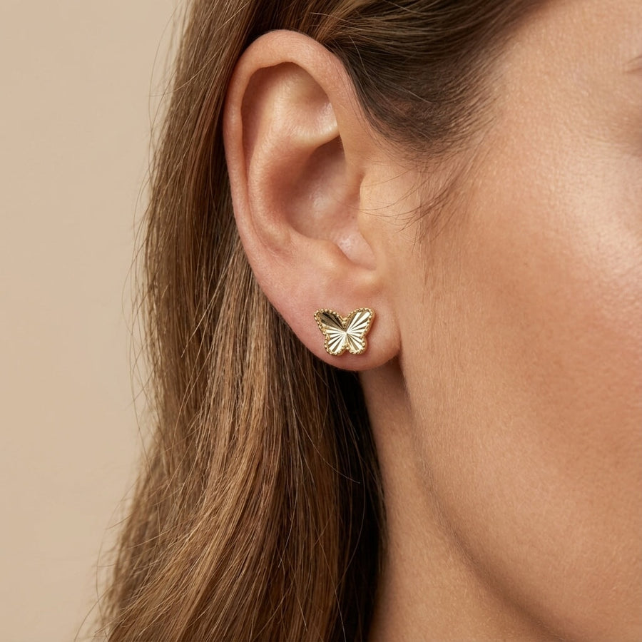 10KT Gold Butterfly Studs Earrings Bijoux Signé Luxo Yellow 