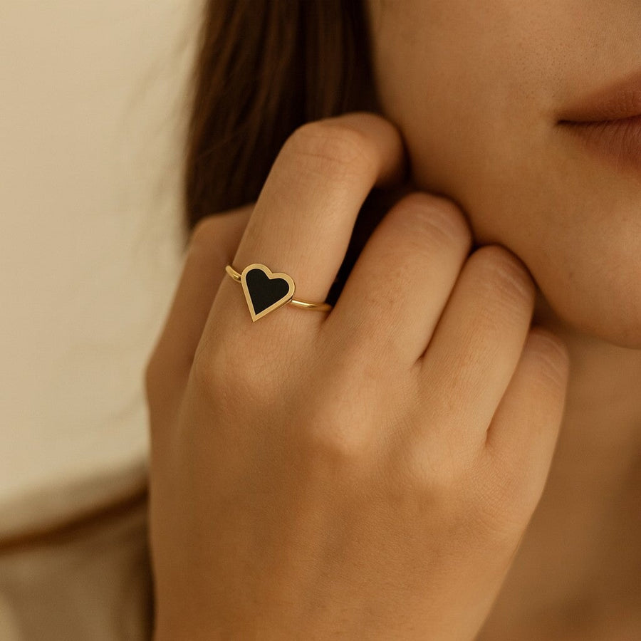 10KT Gold Coloured Heart Ring Ring Bijoux Signé Luxo 5 Black 