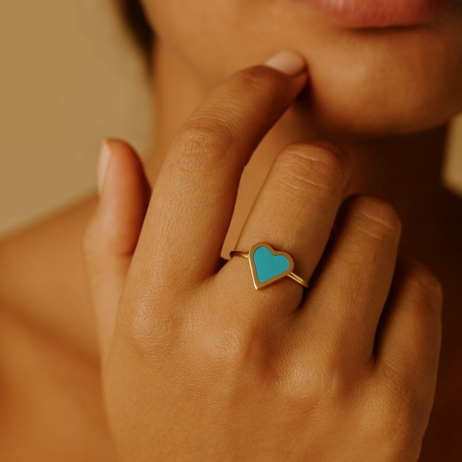 10KT Gold Coloured Heart Ring Ring Bijoux Signé Luxo 5 Turquoise 