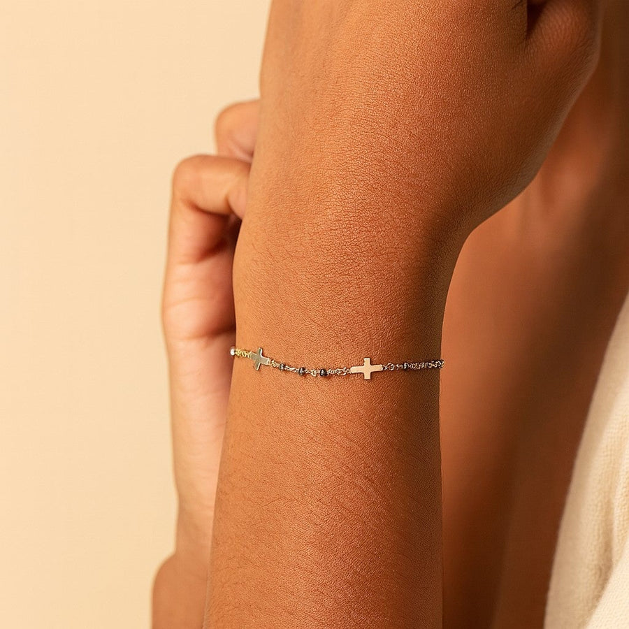 10KT Gold Cross By The Yard Beaded Bracelet Bracelet Bijoux Signé Luxo 