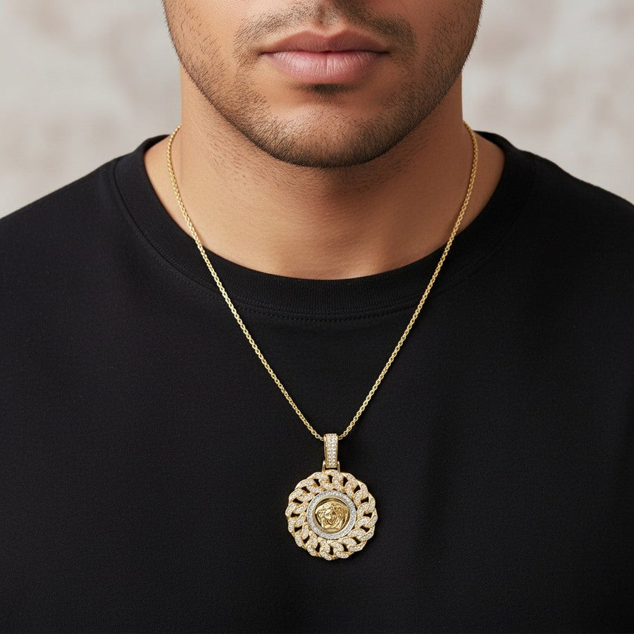 10KT Gold Cuban Link Greek Pendant Pendant Bijoux Signé Luxo 