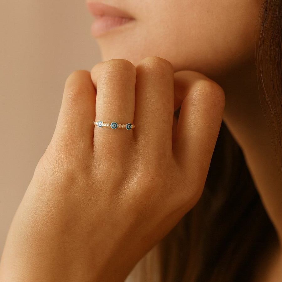 10KT Gold Evil Eye Ring Ring Bijoux Signé Luxo 