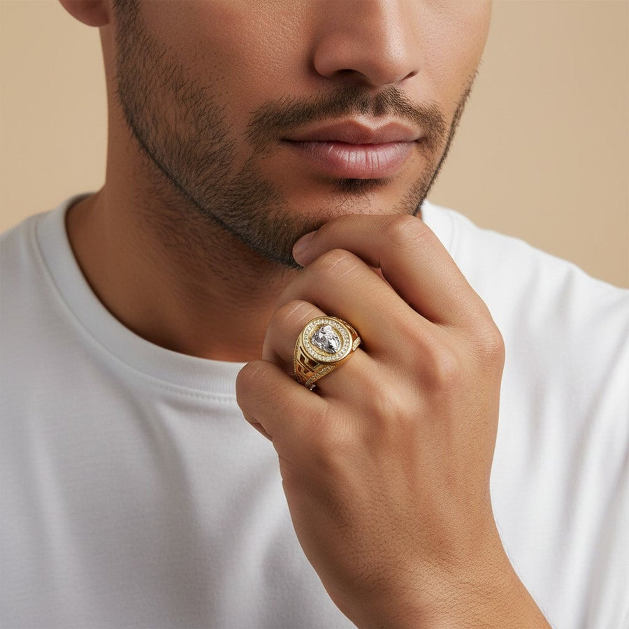 10KT Gold Greek Medusa Oval Cubic Ring Ring Bijoux Signé Luxo 