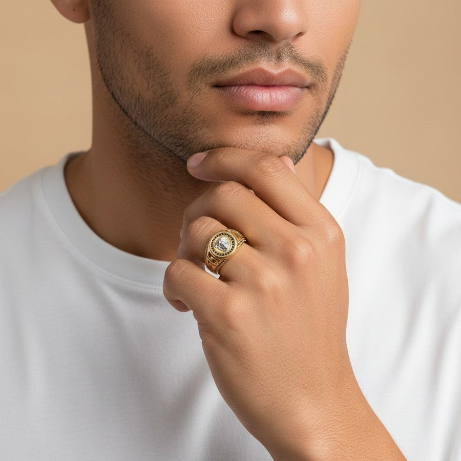 10KT Gold Greek Medusa Round Cubic Ring Ring Bijoux Signé Luxo 8 Black 