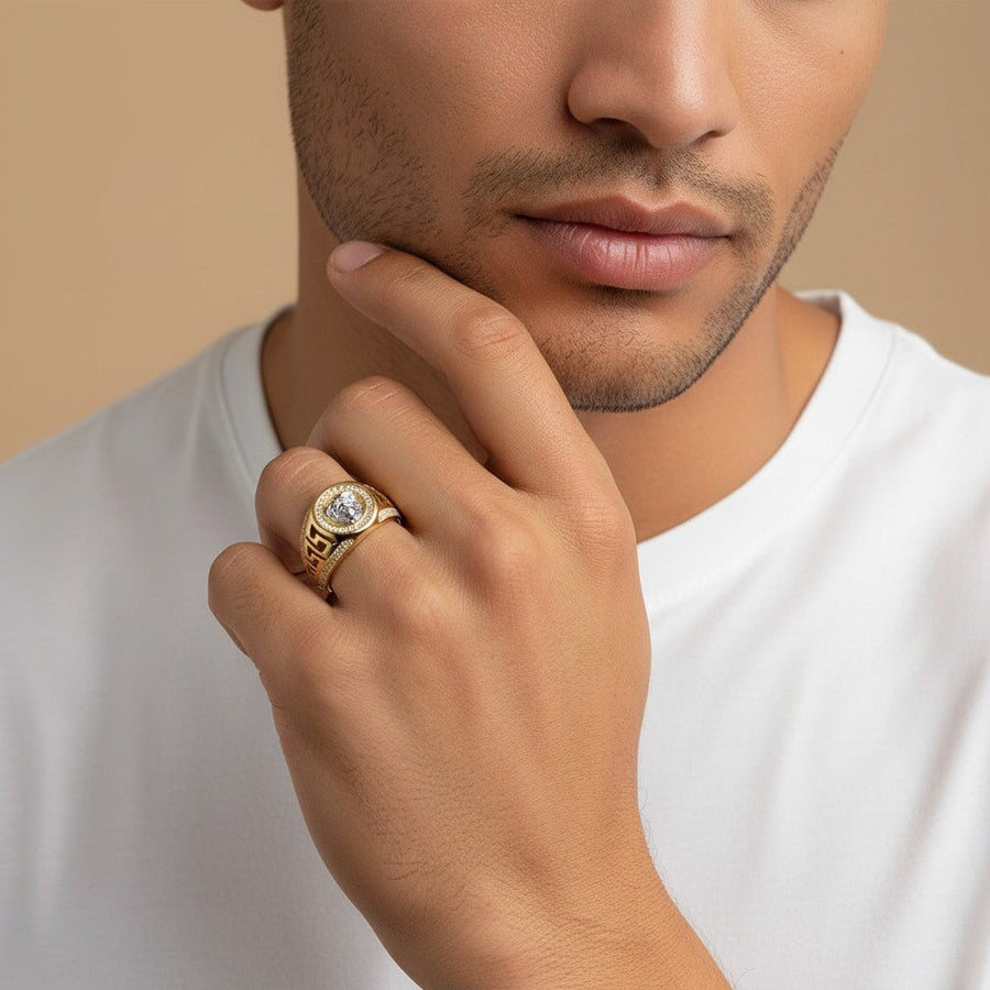 10KT Gold Greek Medusa Round Cubic Ring Ring Bijoux Signé Luxo 8 White 