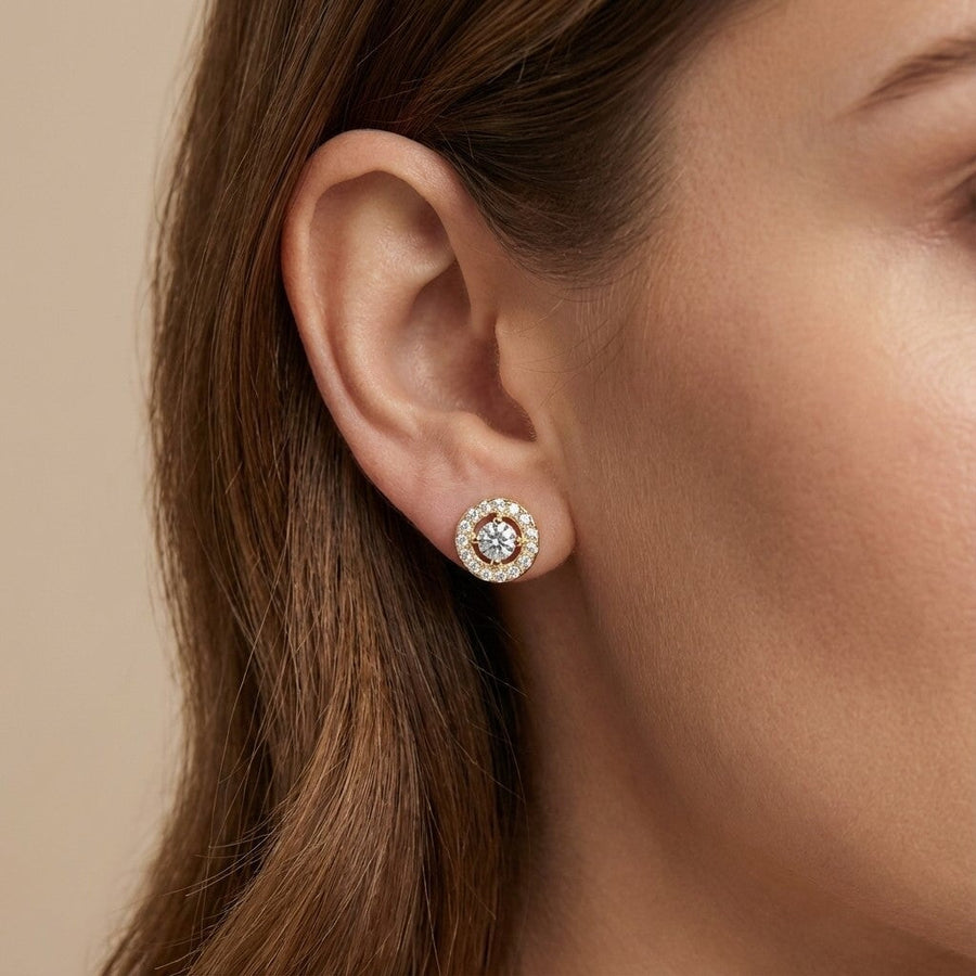 10KT Gold Halo Studs Earrings Bijoux Signé Luxo 