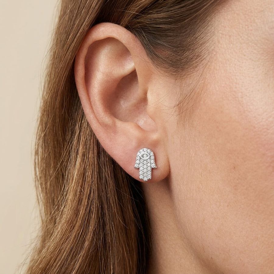 10KT Gold Hamsa Studs Earrings Bijoux Signé Luxo White 