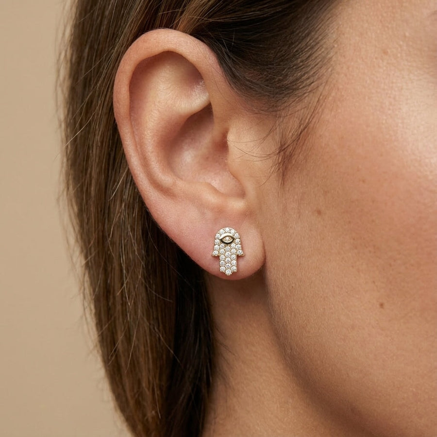 10KT Gold Hamsa Studs Earrings Bijoux Signé Luxo Yellow 