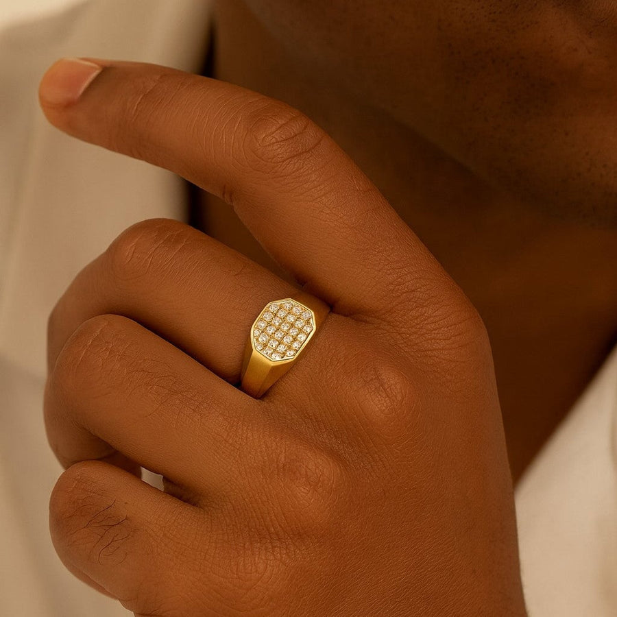 10KT Gold Hexagon Cubic Ring Ring Bijoux Signé Luxo 