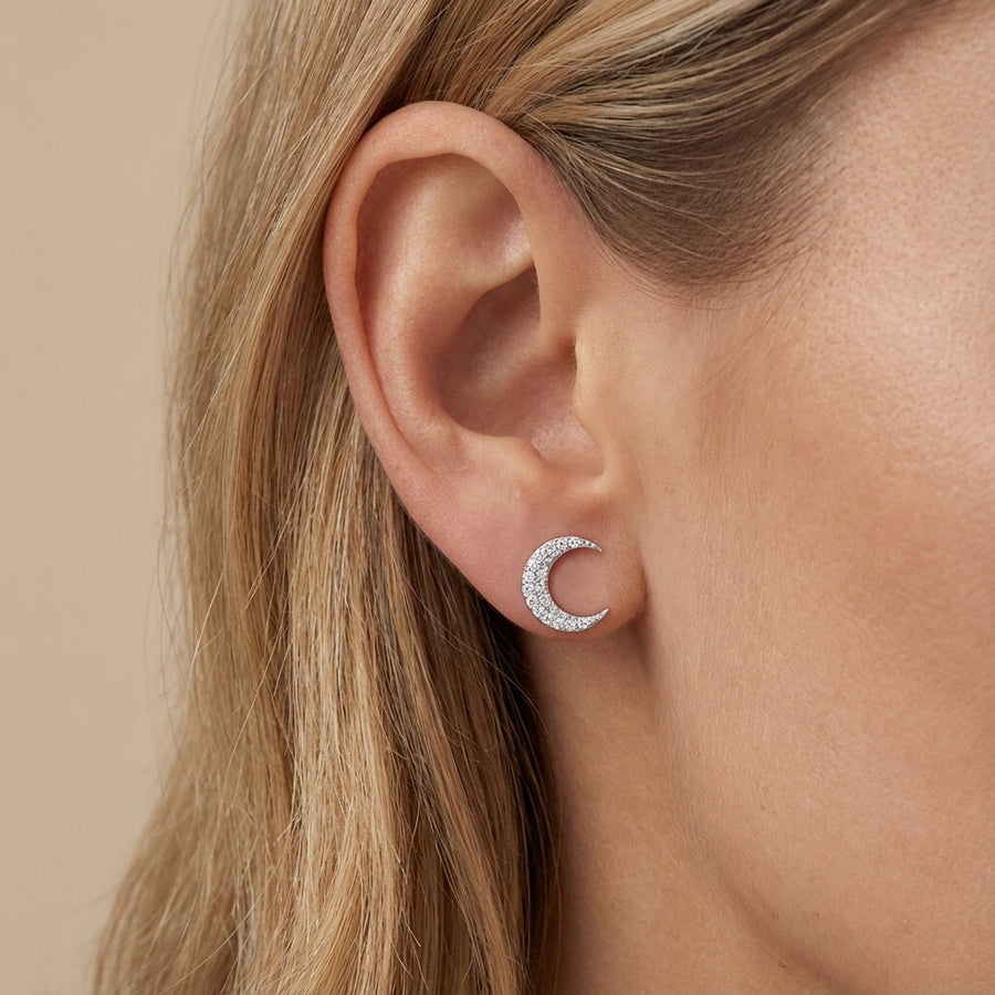 10KT Gold Luna Studs Earrings Bijoux Signé Luxo White 