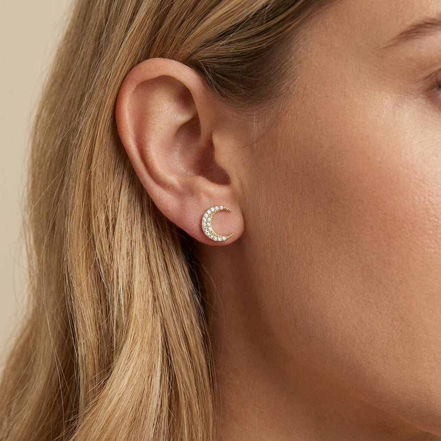 10KT Gold Luna Studs Earrings Bijoux Signé Luxo Yellow 