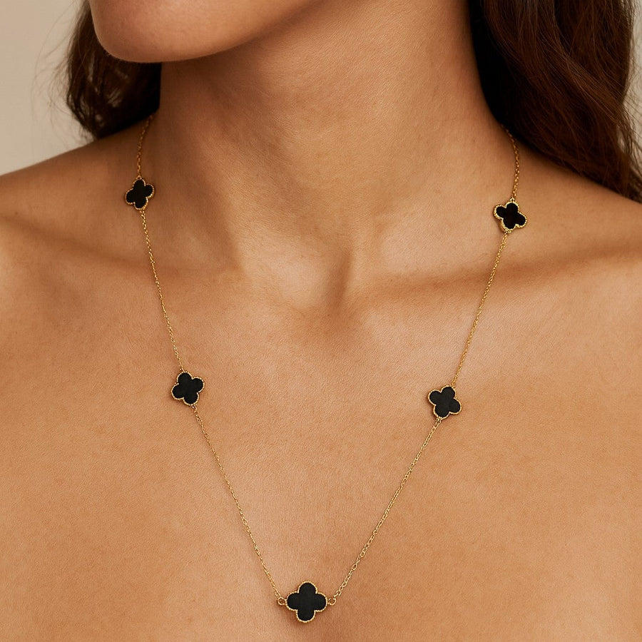10KT Gold Mini Vintage Clover Black Onyx by the yard Necklace Necklace Bijoux Signé Luxo 