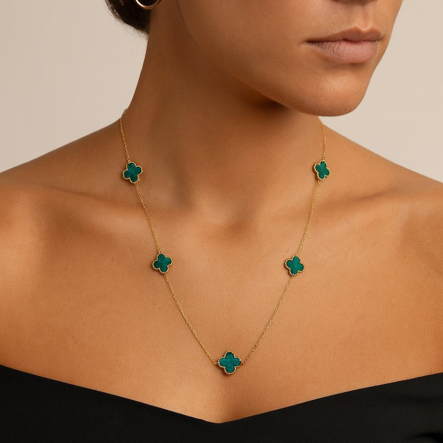 10KT Gold Mini Vintage Clover Malachite Green by the yard Necklace Necklace Bijoux Signé Luxo 