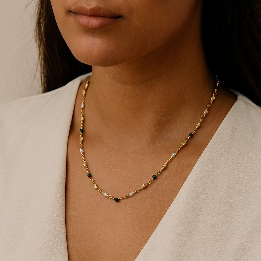 10KT Gold Pearl Malachite Beaded Necklace Necklace Bijoux Signé Luxo 