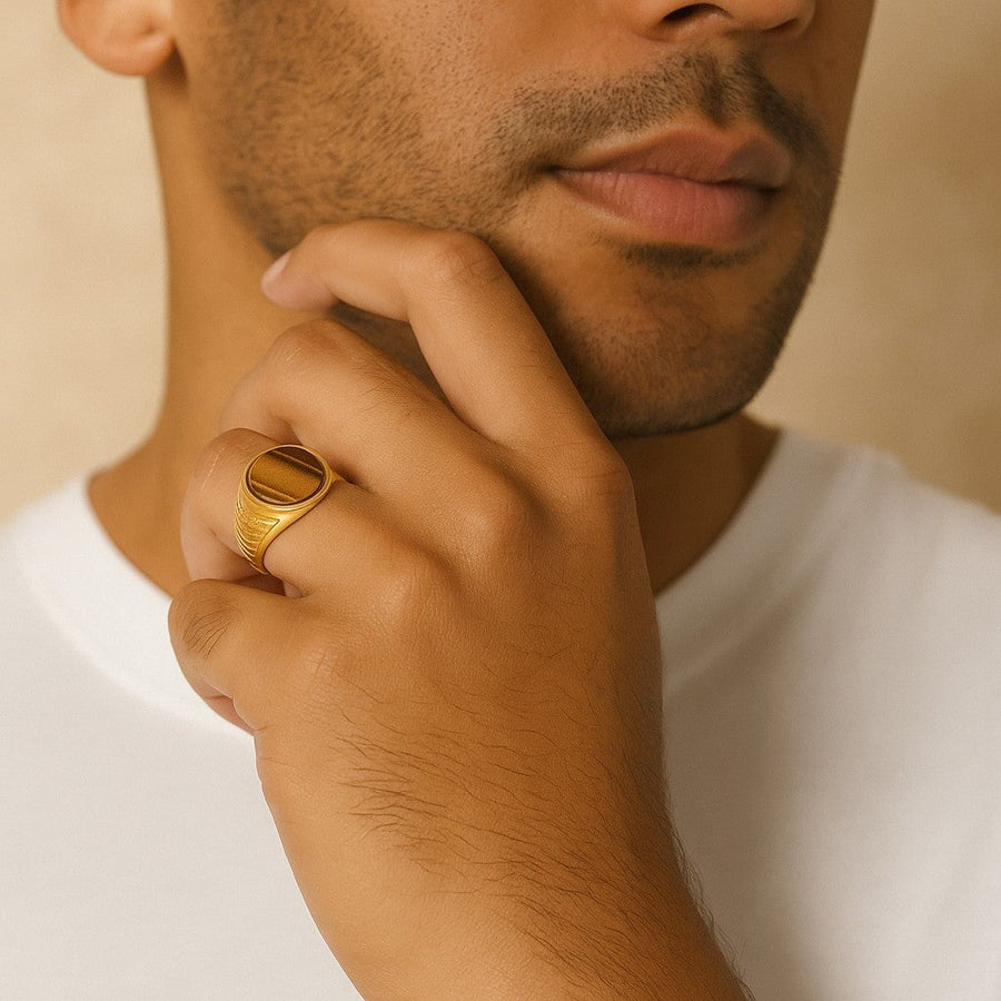 10KT Gold Round Tiger Eye Ring Ring Bijoux Signé Luxo 