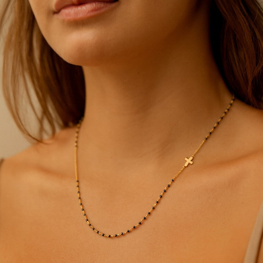 10KT Gold Single Cross Beaded Necklace Necklace Bijoux Signé Luxo 