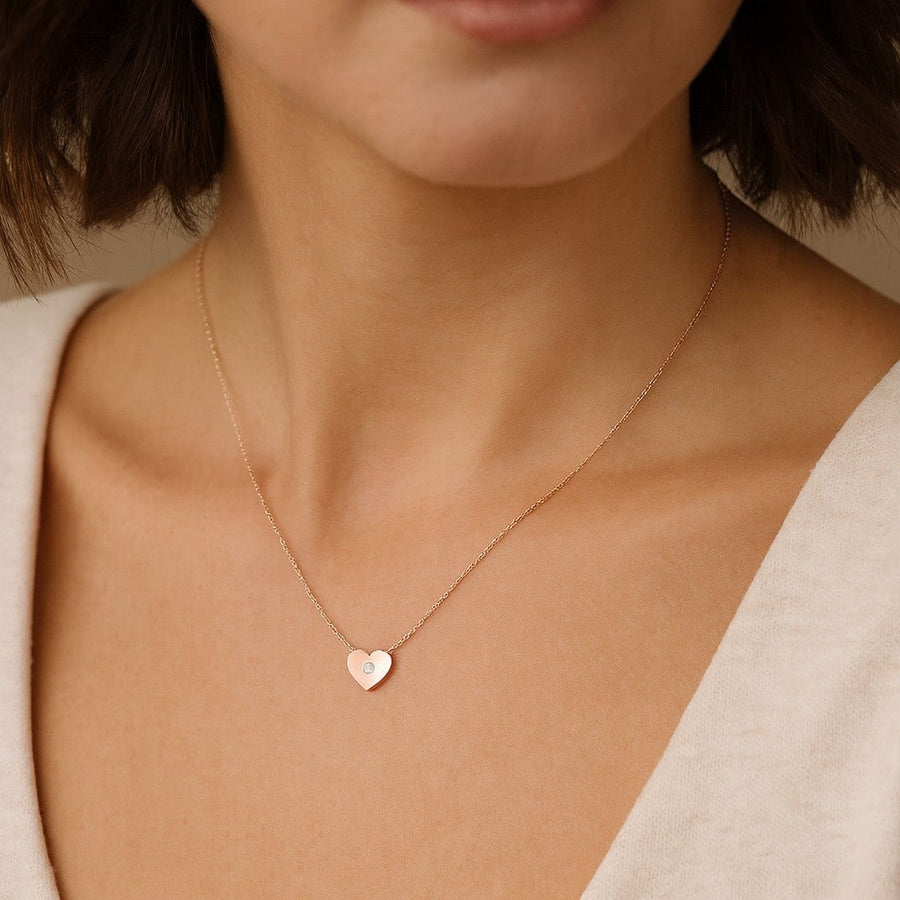 10KT Gold Single Cubic Heart Necklace Necklace Bijoux Signé Luxo Rose Gold 