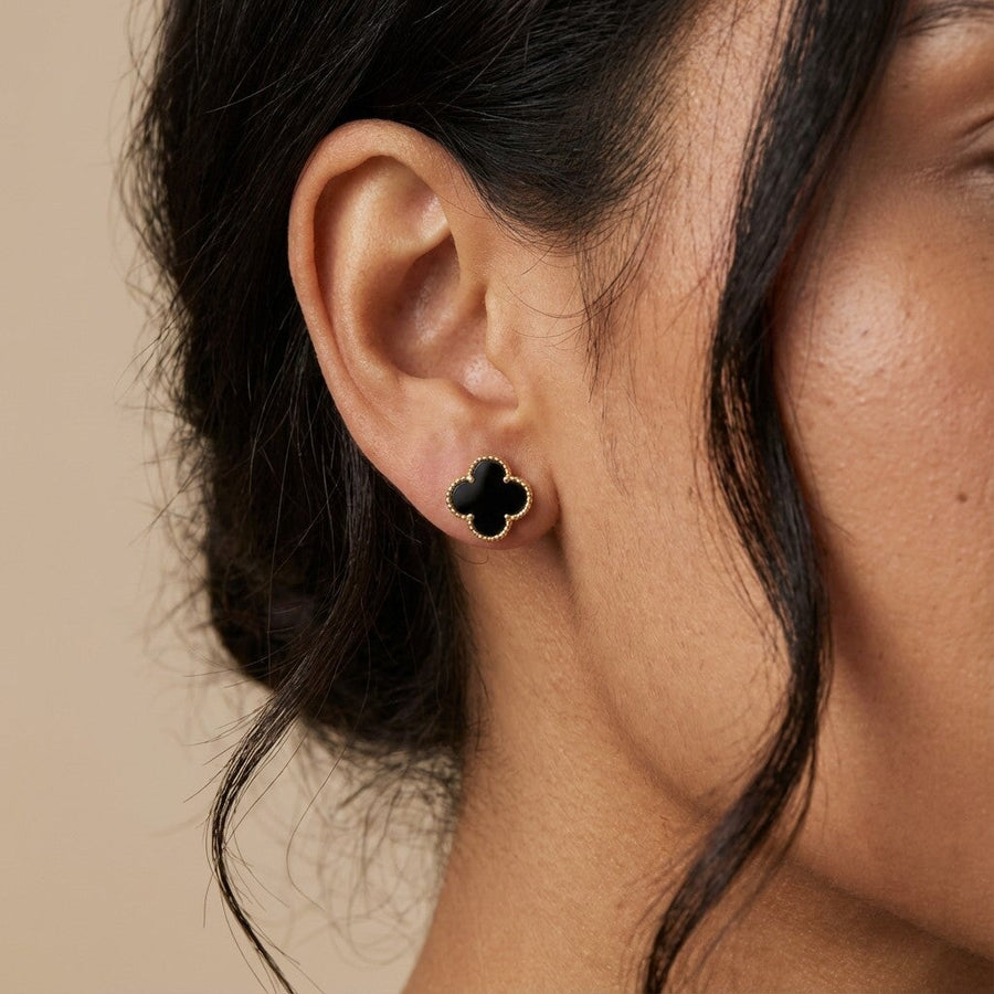 10KT Gold Vintage Clover Black Onyx Studs Earrings Bijoux Signé Luxo 