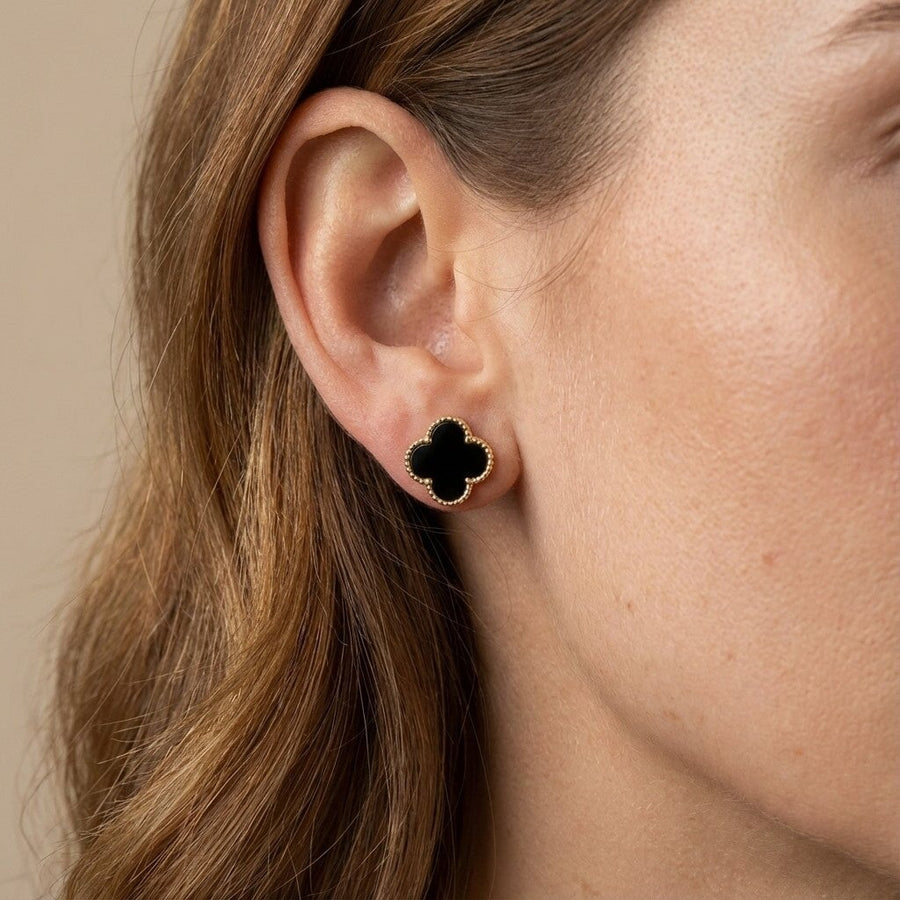 10KT Gold Vintage Clover Black Onyx Studs Earrings Bijoux Signé Luxo 