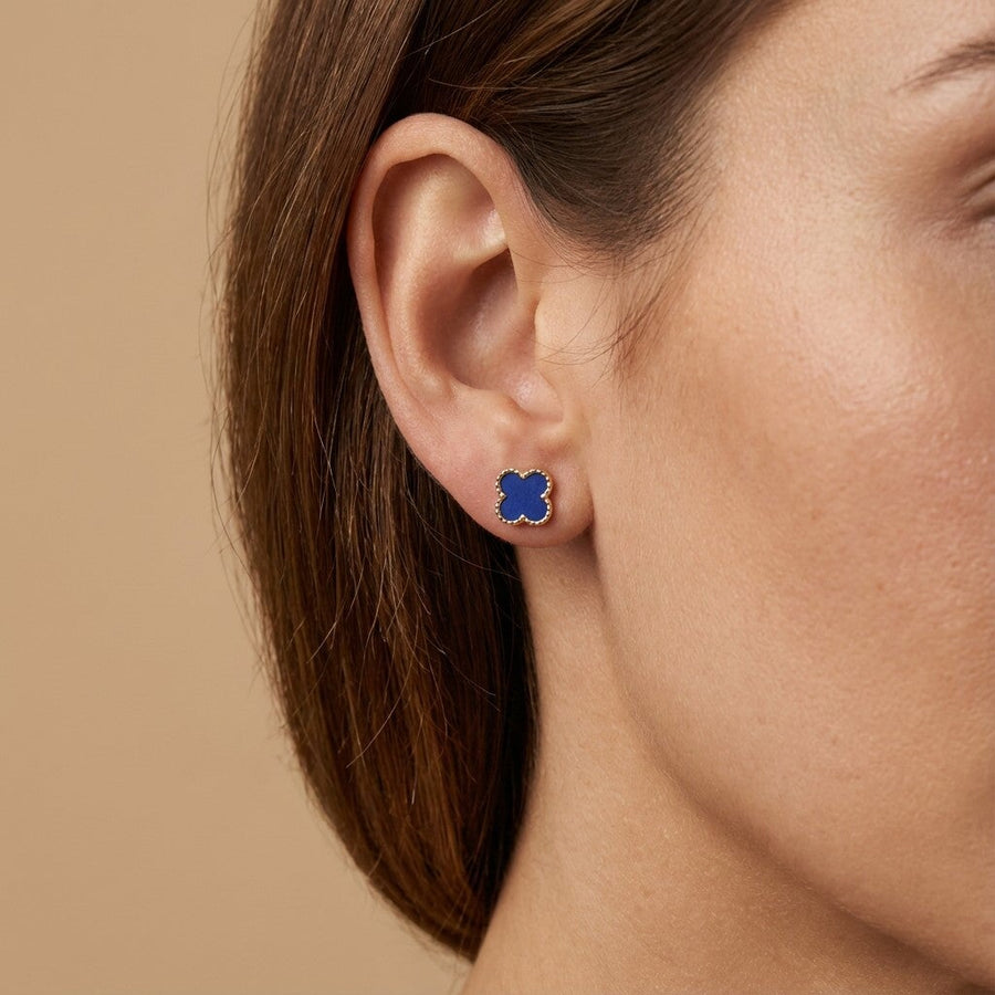10KT Gold Vintage Clover Lapis Studs Earrings Bijoux Signé Luxo 
