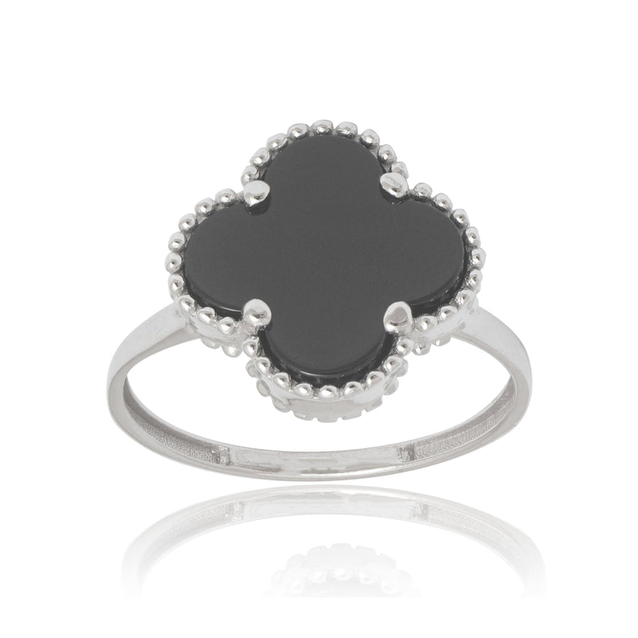 10KT Gold Vintage Clover Ring 111 Ring Bijoux Signé Luxo 5 Black Onyx 