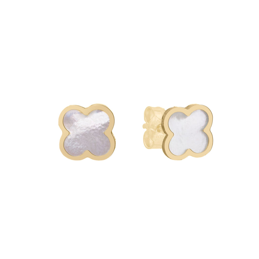 10KT Gold Vintage Clover Studs 109 Earrings Bijoux Signé Luxo Mother of Pearl 