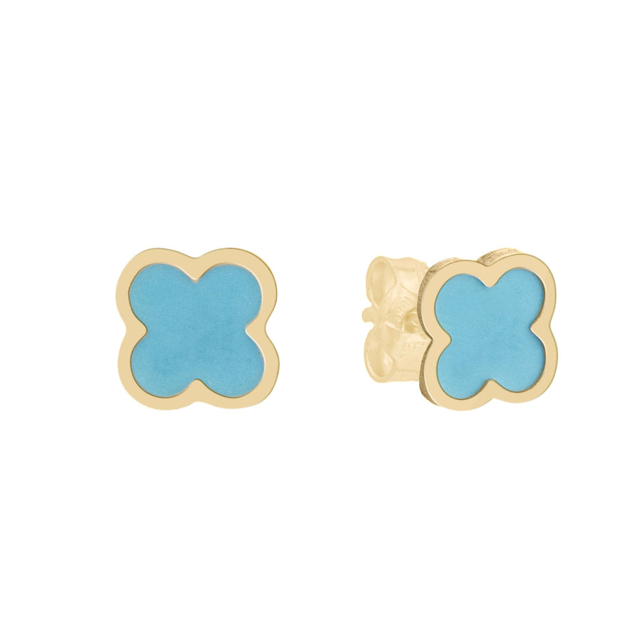 10KT Gold Vintage Clover Studs 109 Earrings Bijoux Signé Luxo Turquoise 