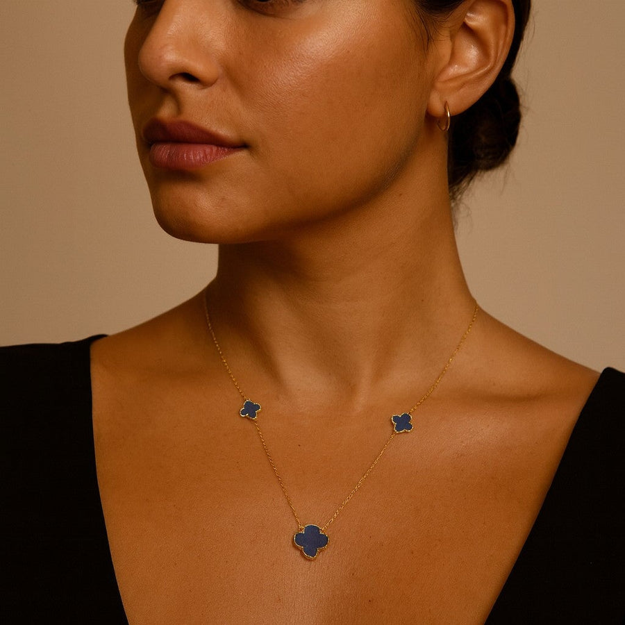 10KT Gold Vintage Lapis Clover Necklace Necklace Bijoux Signé Luxo 