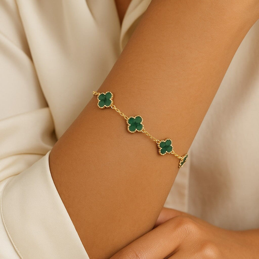 10KT Solid Gold Mini Vintage Clover Malachite Bracelet Bracelet Bijoux Signé Luxo 