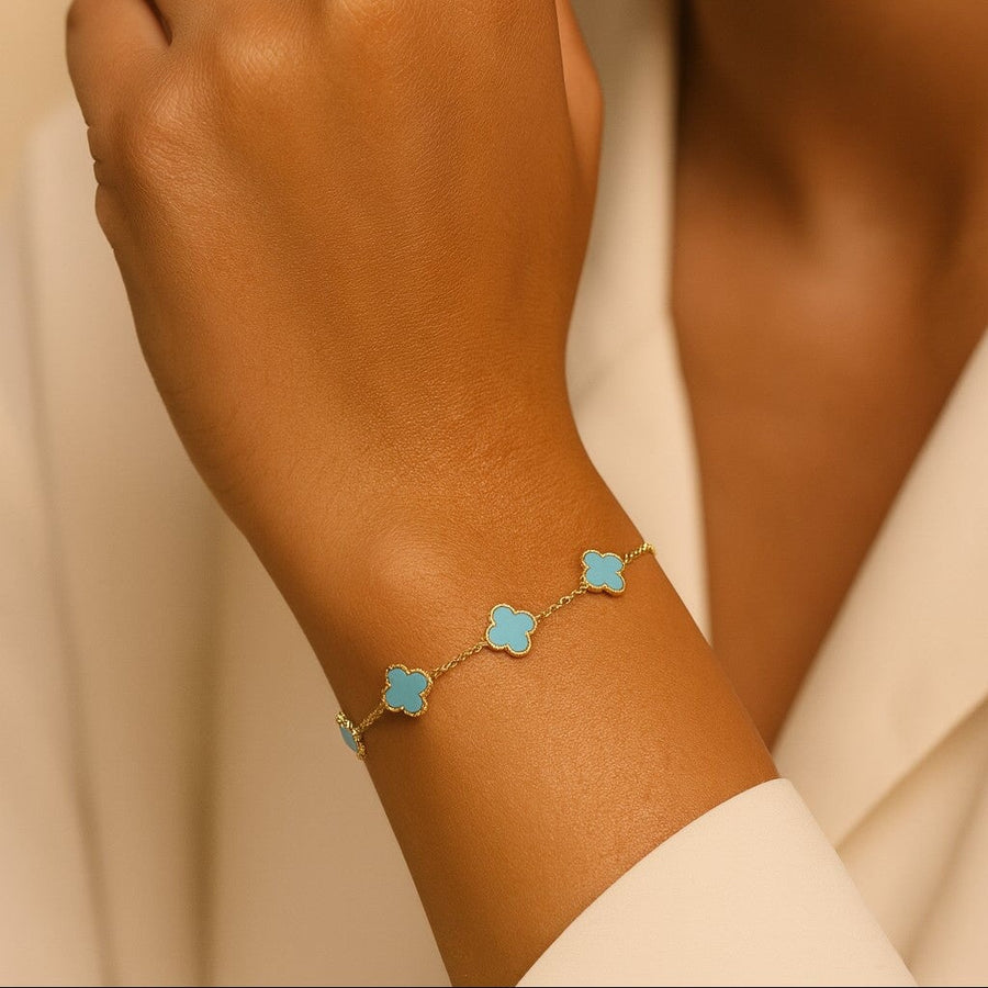 10KT Solid Gold Mini Vintage Clover Turquoise Bracelet Bracelet Bijoux Signé Luxo 
