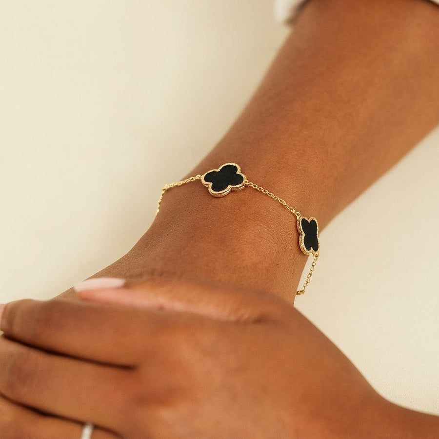 10KT Solid Gold Vintage Clover Black Onyx Bracelet Bracelet Bijoux Signé Luxo 