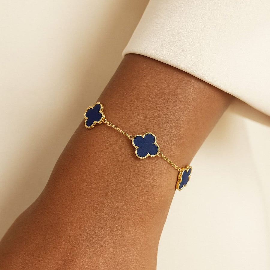 10KT Solid Gold Vintage Clover Lapis Bracelet Bracelet Bijoux Signé Luxo 