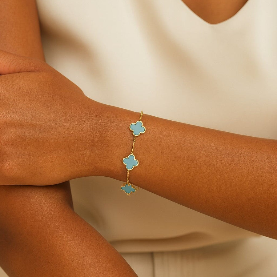 10KT Solid Gold Vintage Clover Turquoise Bracelet Bracelet Bijoux Signé Luxo 