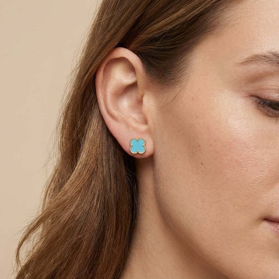 10KT Solid Gold Vintage Clover Turquoise Studs Earrings Bijoux Signé Luxo 