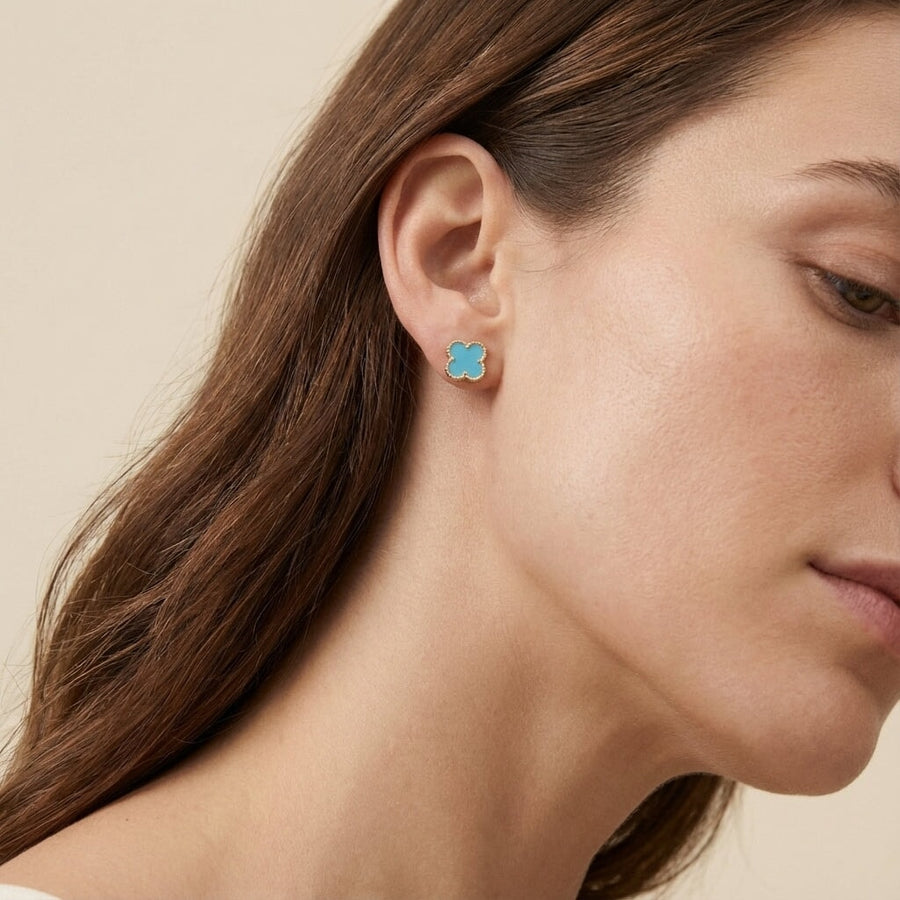 10KT Solid Gold Vintage Clover Turquoise Studs Earrings Bijoux Signé Luxo 