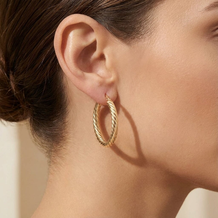 10KT Yellow Gold Croissant Hoops Earrings Bijoux Signé Luxo 20 mm Yellow 