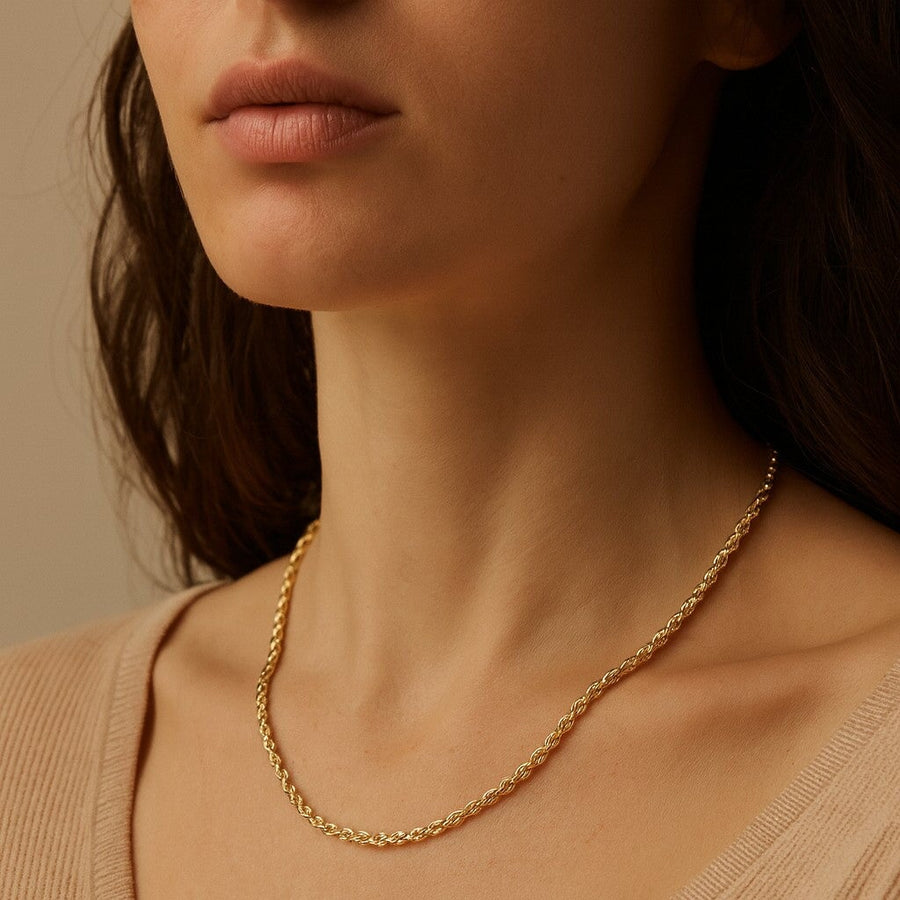 10KT Yellow Gold Diamond Cut Rope Chain Necklace Bijoux Signé Luxo 3 mm 16" 