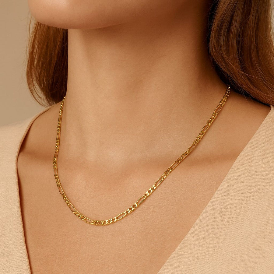 10KT Yellow Gold Figaro Chain Necklace Bijoux Signé Luxo 16" Yellow 3.0 mm