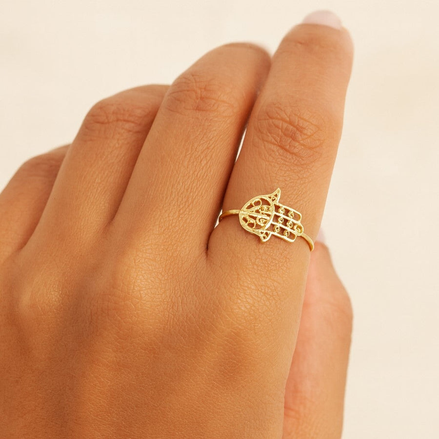 10KT Yellow Gold Hamsa Ring Ring Bijoux Signé Luxo 5 