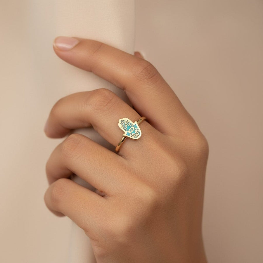 10KT Yellow Gold Hamsa Ring Ring Bijoux Signé Luxo 