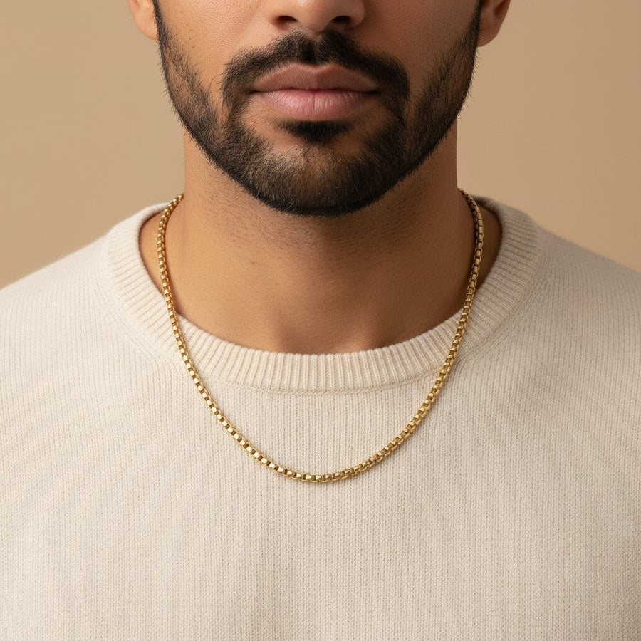 10KT Yellow Gold Round Box Chain Bijoux Signé Luxo 22" 