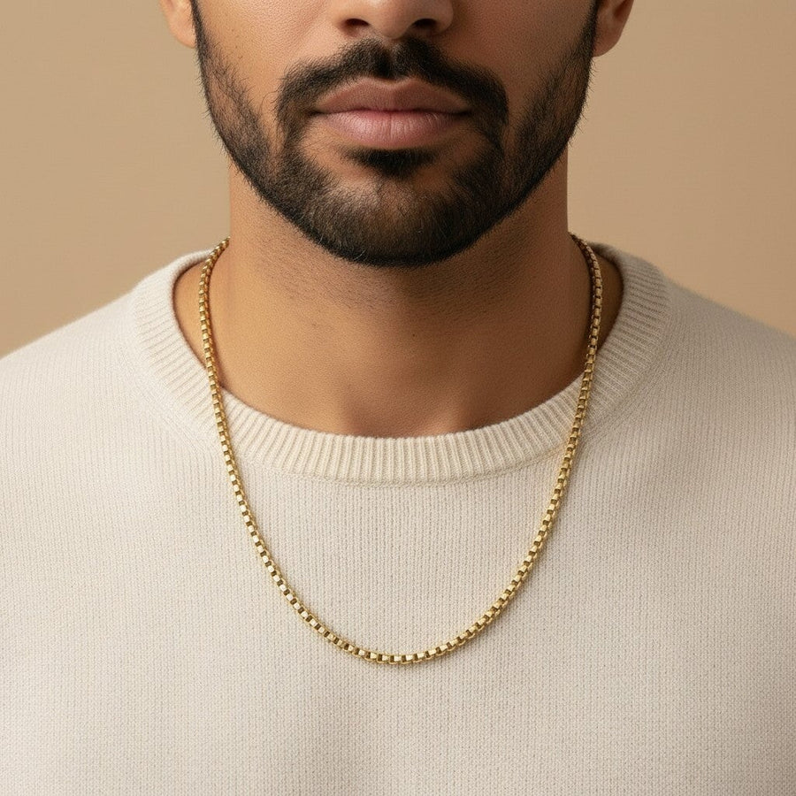 10KT Yellow Gold Round Box Chain Bijoux Signé Luxo 26" 