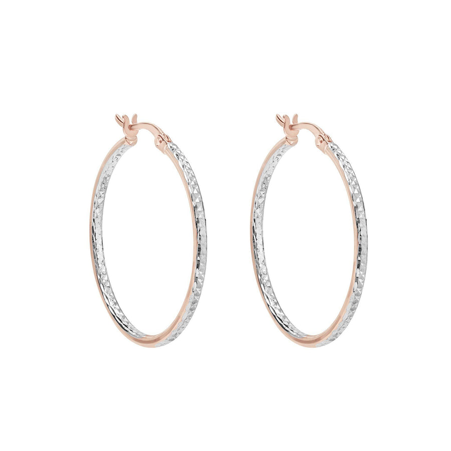 10KT Gold Champagne Hoops 044 Earrings Bijoux Signé Luxo Pink/White 30 mm 2 mm