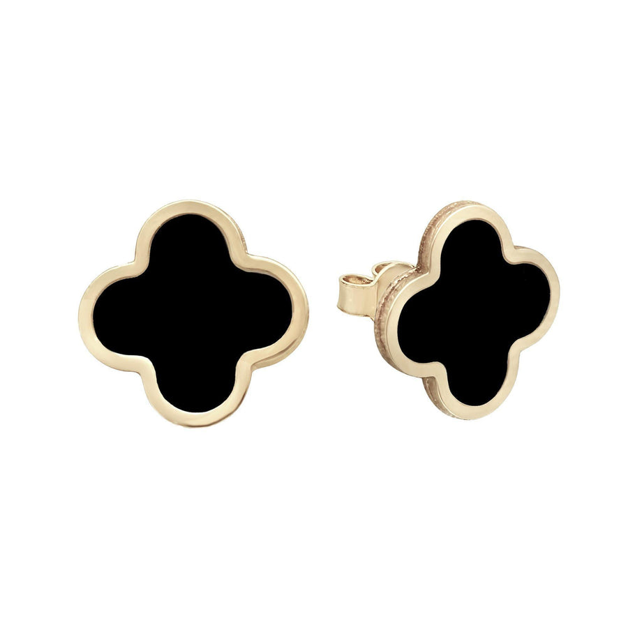 10KT Gold Clover Studs 014 Earrings Bijoux Signé Luxo Black 