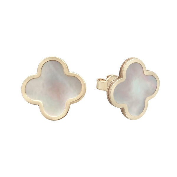 10KT Gold Clover Studs 014 Earrings Bijoux Signé Luxo Mother of Pearl 