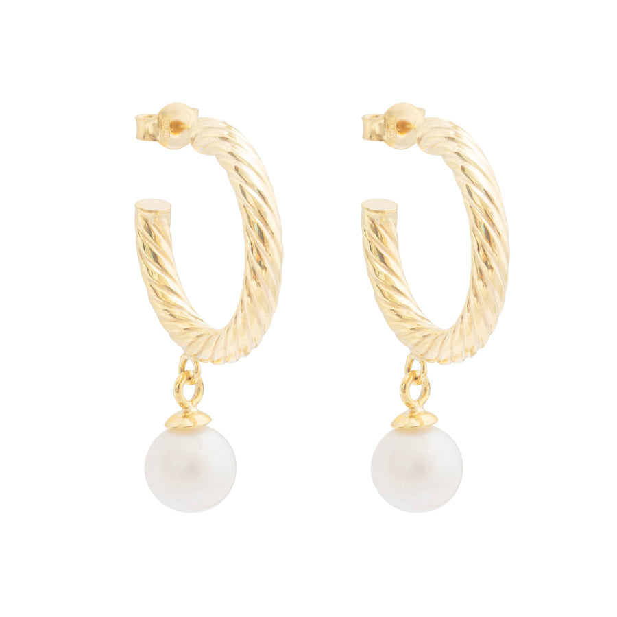 10KT Gold Croissant Pearl Dangling 021 Earrings Bijoux Signé Luxo Yellow 