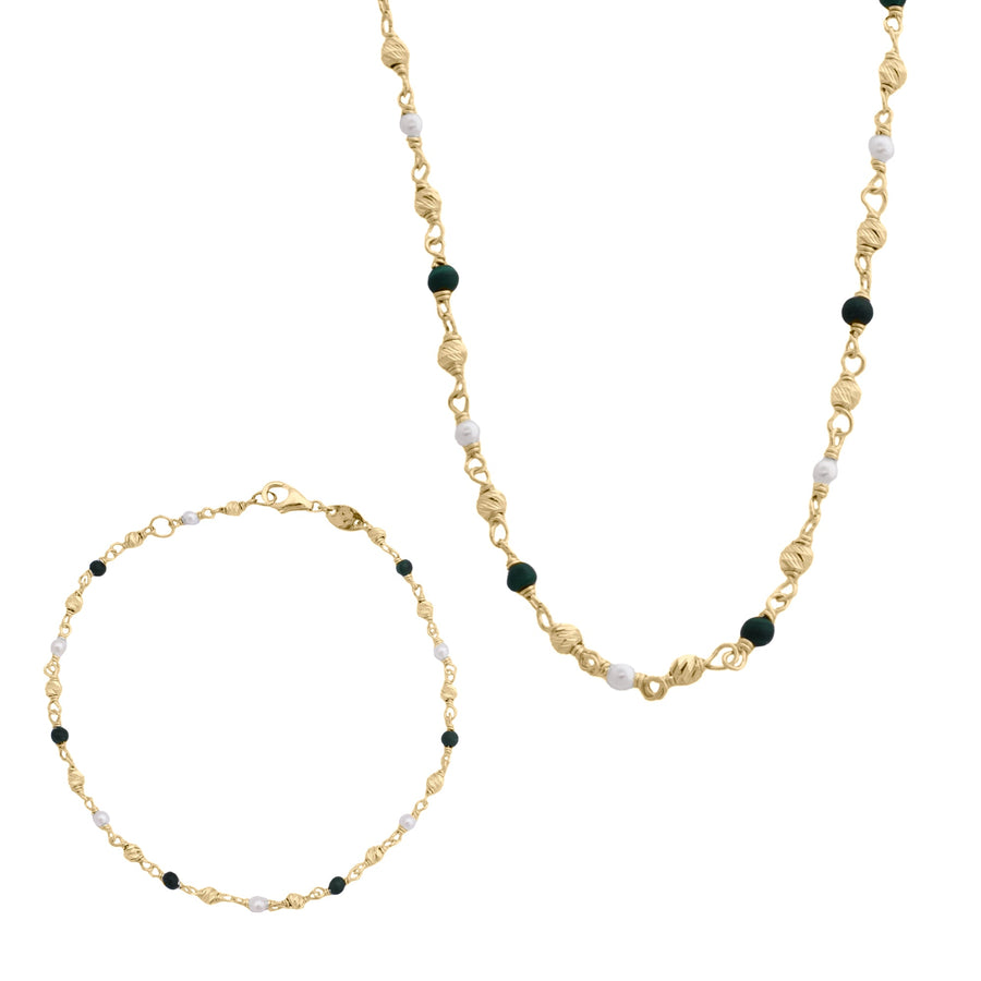 10KT Gold Pearl Malachite Beaded Necklace 059 Necklace Bijoux Signé Luxo 