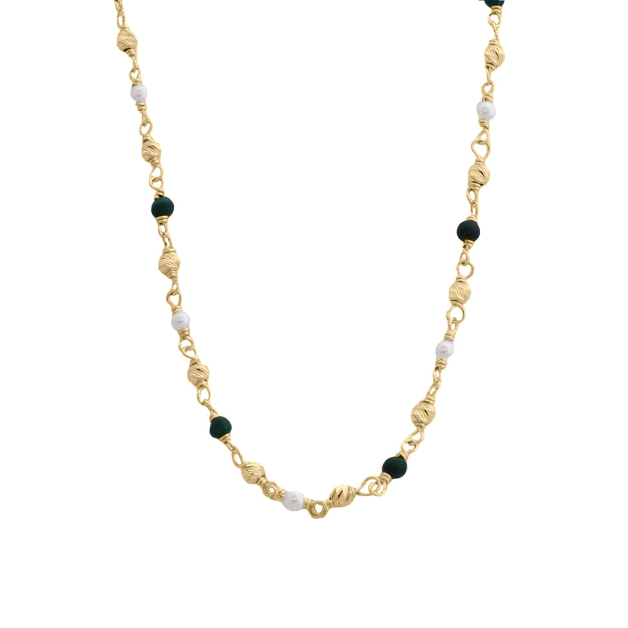 10KT Gold Pearl Malachite Beaded Necklace 059 Necklace Bijoux Signé Luxo 