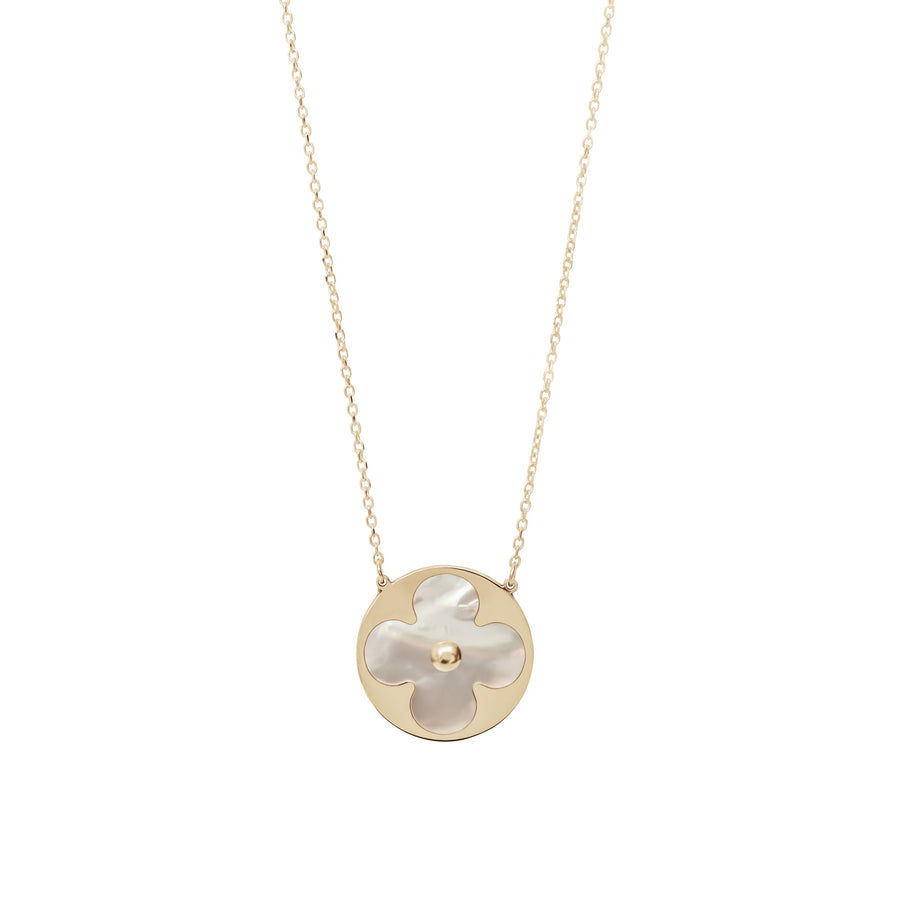 10KT Gold Round Clover Necklace 040 Necklace Bijoux Signé Luxo Mother of Pearl 